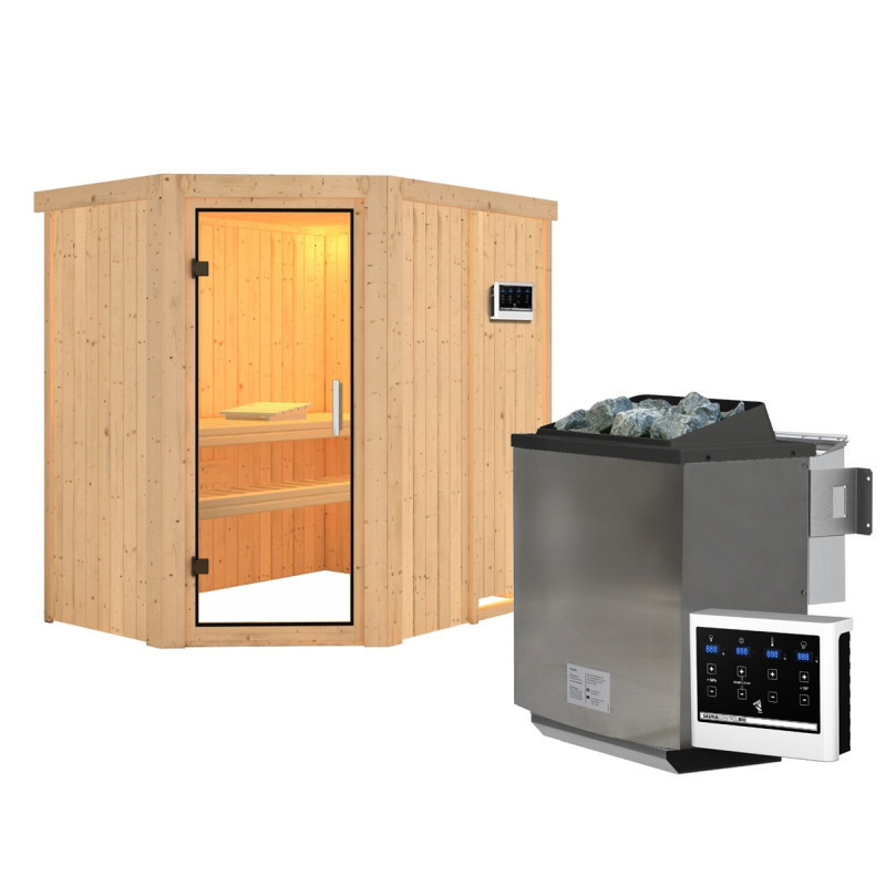 Sauna traditionnel d'angle CARIN - poêle Easy Bio 9000W sans couronne - KARIBU