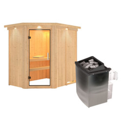 Sauna traditionnel d'angle CARIN - poêle 9000W ctrl intégré et couronne - KARIBU
