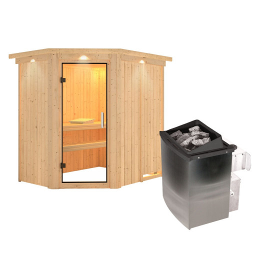 Sauna traditionnel d'angle CARIN - poêle 9000W ctrl intégré et couronne - KARIBU