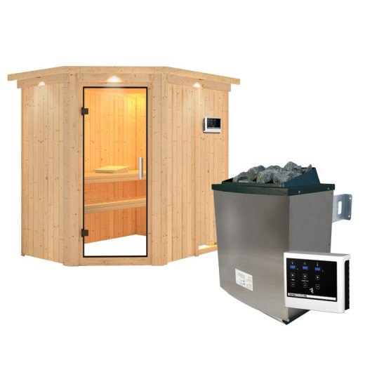 Sauna traditionnel d'angle CARIN - poêle 9000W ctrl externe et couronne - KARIBU