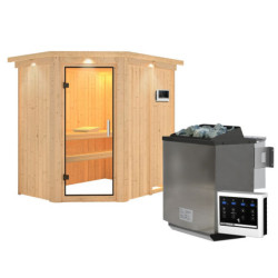 Sauna traditionnel d'angle CARIN - poêle Easy Bio 9000W et couronne - KARIBU