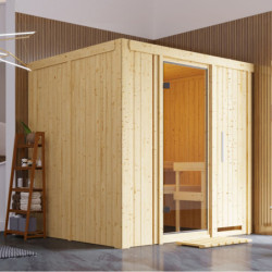 Sauna traditionnel SODIN 3 à 4 places 68mm - poêle 9000W ctrl intégré - sans couronne - porte en verre clair KARIBU