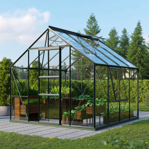 Serre de jardin Meridian1 6,7m² en aluminium émeraude et verre de sécurité 3mm – Vitavia