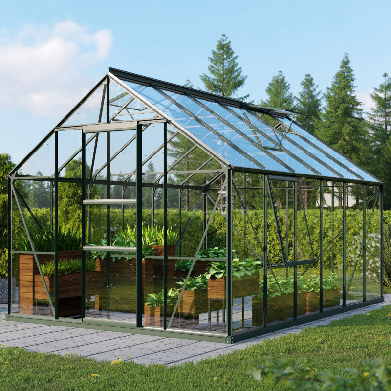 Serre de jardin Meridian1 9,9m² en aluminium émeraude et verre de sécurité 3mm – Vitavia