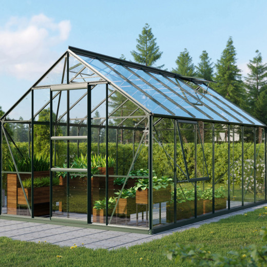 Serre de jardin Meridian1 11,5m² en aluminium émeraude et verre de sécurité 3mm – Vitavia 