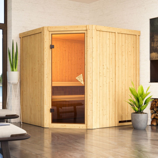 Sauna traditionnel d'angle SIIRIN - poêle 9000W ctrl intégré - sans couronne - KARIBU