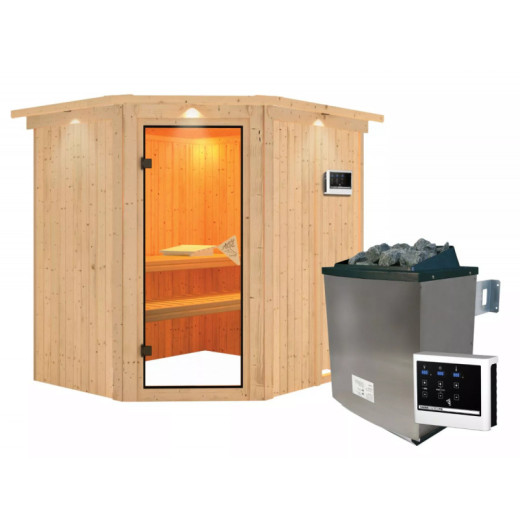 Sauna traditionnel d'angle SIIRIN - poêle 9000W ctrl externe - couronne - KARIBU