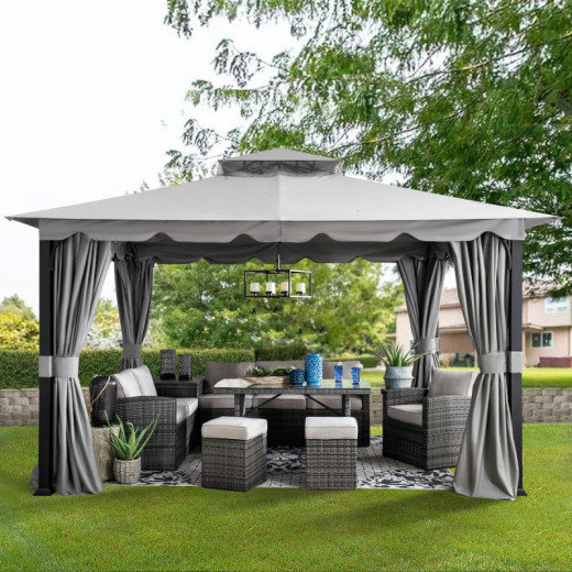 Tonnelle de jardin Stoj 336x402cm en acier thermolaqué noir et polyester - Sunjoy