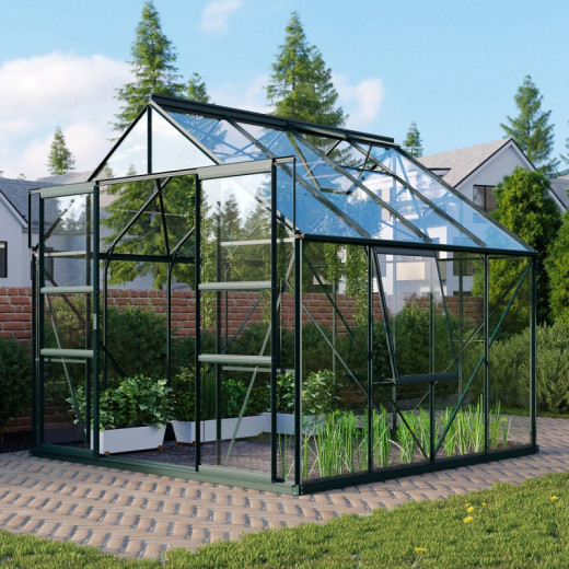 Serre de jardin Meridian2 6,7m² en aluminium émeraude et panneaux de verre de sécurité de 3mm – Vitavia