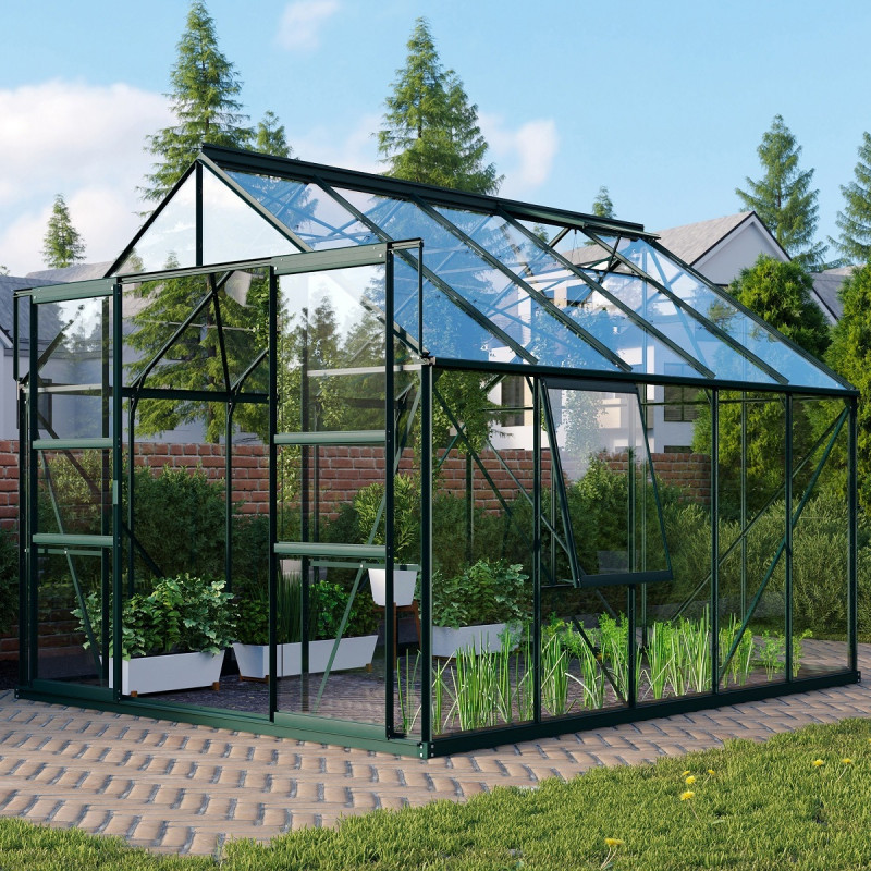 Serre de jardin Meridian2 8,3m² en aluminium émeraude et panneaux de verre de sécurité de 3mm – Vitavia