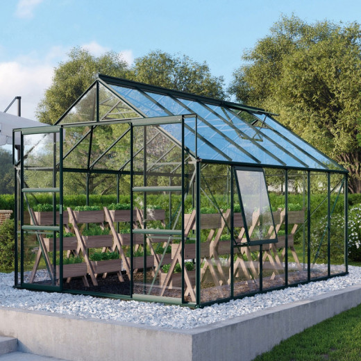 Serre de jardin Meridian2 9,9m² en aluminium émeraude et panneaux de verre de sécurité de 3mm – Vitavia