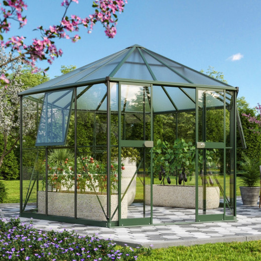 Serre de jardin hexagonale Galaxis 9m² en aluminium émeraude et vitrage combiné - Vitavia