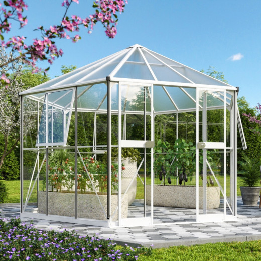 Serre de jardin hexagonale Galaxis 9m² en aluminium blanc et vitrage combiné - Vitavia