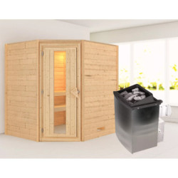 Sauna traditionnel d’angle Mia Plug &Play - 4 places - poêle 9KW ctrl intégré - sans couronne - porte éco d'énergie Woodfeeling