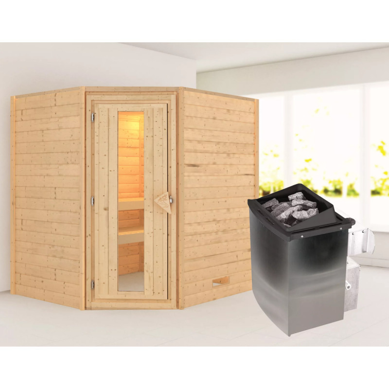 Sauna traditionnel d’angle Mia Plug &Play - 4 places - poêle 9KW ctrl intégré - sans couronne - porte éco d'énergie Woodfeeling