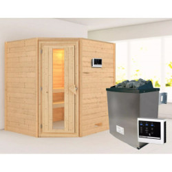 Sauna traditionnel d’angle Mia Plug &Play - 4 places - poêle 9KW ctrl externe - sans couronne - porte éco d'énergie Woodfeeling
