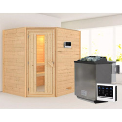 Sauna traditionnel d’angle Mia Plug &Play - 4 places - poêle Easy Bio 9000W - sans couronne - porte éco d'énergie Woodfeeling