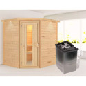 Sauna traditionnel d’angle Mia Plug &Play - 4 places - poêle 9KW ctrl intégré - couronne - porte éco d'énergie Woodfeeling
