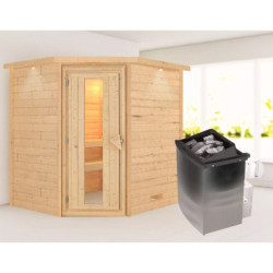 Sauna traditionnel d’angle Mia Plug &Play - 4 places - poêle 9KW ctrl intégré - couronne - porte éco d'énergie Woodfeeling