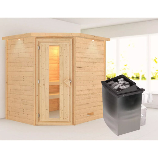 Sauna traditionnel d’angle Mia Plug &Play - 4 places - poêle 9KW ctrl intégré - couronne - porte éco d'énergie Woodfeeling