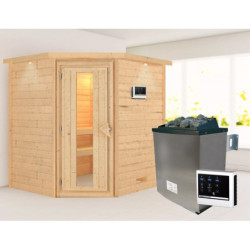 Sauna traditionnel d’angle Mia Plug &Play - 4 places - poêle 9KW ctrl externe - couronne - porte éco d'énergie Woodfeeling