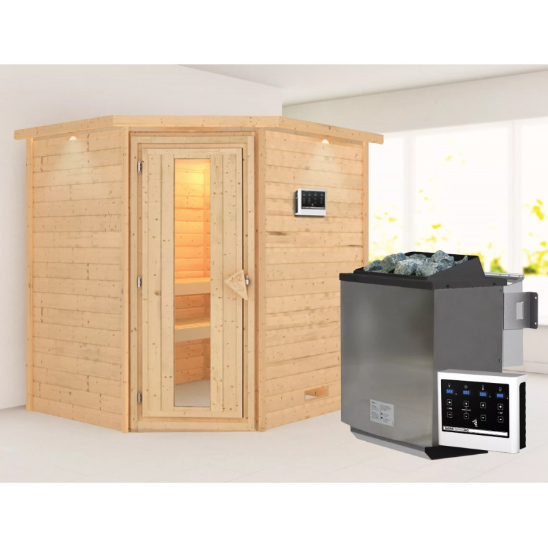 Sauna traditionnel d’angle Mia Plug &Play - 4 places - poêle Easy Bio 9000W - couronne - porte éco d'énergie Woodfeeling