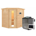 Sauna traditionnel d’angle Mia Plug &Play - 4 places - poêle Easy Bio 9000W - couronne - porte éco d'énergie Woodfeeling