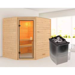 Sauna traditionnel d’angle Mia Plug &Play - 4 places - poêle 9KW ctrl intégré sans couronne - porte classique Woodfeeling