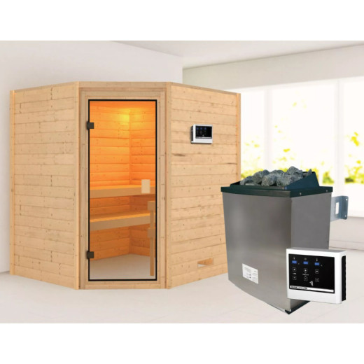 Sauna traditionnel d’angle Mia Plug &Play - 4 places - poêle 9KW ctrl externe sans couronne - porte classique Woodfeeling