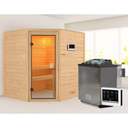 Sauna traditionnel d’angle Mia Plug &Play - poêle Easy Bio 9000W - sans couronne - porte classique Woodfeeling