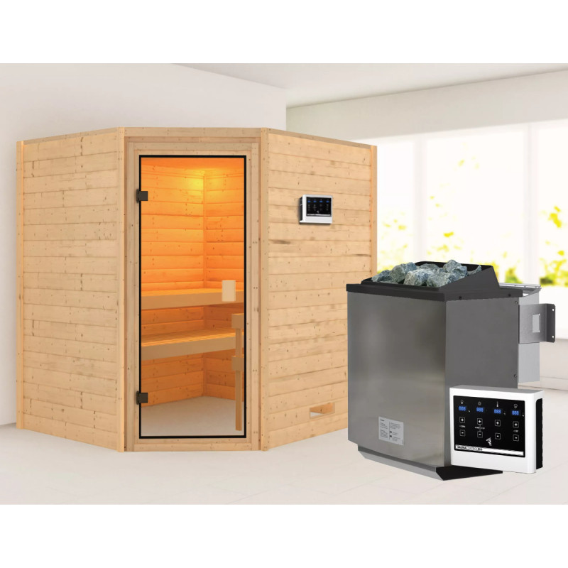 Sauna traditionnel d’angle Mia Plug &Play - poêle Easy Bio 9000W - sans couronne - porte classique Woodfeeling
