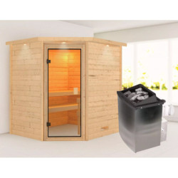 Sauna traditionnel d’angle Mia Plug &Play - 4 places 38mm - poêle 9KW ctrl intégré - couronne - porte classique Woodfeeling
