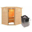 Sauna traditionnel d’angle Mia Plug &Play - 4 places 38mm - poêle 9KW ctrl intégré - couronne - porte classique Woodfeeling