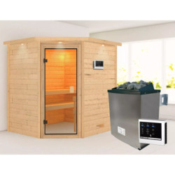 Sauna traditionnel d’angle Mia Plug &Play - 4 places 38mm - poêle 9KW ctrl externe - couronne - porte classique Woodfeeling