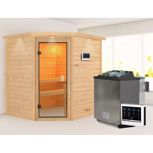 Sauna traditionnel d’angle Mia Plug &Play - 4 places 38mm - poêle Easy Bio 9000W - couronne - porte classique Woodfeeling