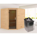 Sauna traditionnel d’angle Mia Plug &Play - 4 places 38mm - poêle 9KW ctrl intégré - sans couronne - porte moderne Woodfeeling