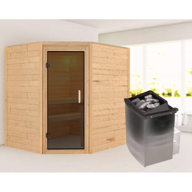 Sauna traditionnel d’angle Mia Plug &Play - 4 places 38mm - poêle 9KW ctrl intégré - sans couronne - porte moderne Woodfeeling