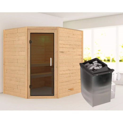 Sauna traditionnel d’angle Mia Plug &Play - 4 places 38mm - poêle 9KW ctrl intégré - sans couronne - porte moderne Woodfeeling