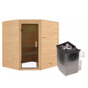 Sauna traditionnel d’angle Mia Plug &Play - 4 places 38mm - poêle 9KW ctrl intégré - sans couronne - porte moderne Woodfeeling