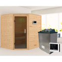 Sauna traditionnel d’angle Mia Plug &Play - 4 places 38mm - poêle 9KW ctrl externe - sans couronne - porte moderne Woodfeeling