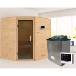 Sauna traditionnel d’angle Mia Plug &Play - 4 places 38mm - poêle 9KW ctrl externe - sans couronne - porte moderne Woodfeeling