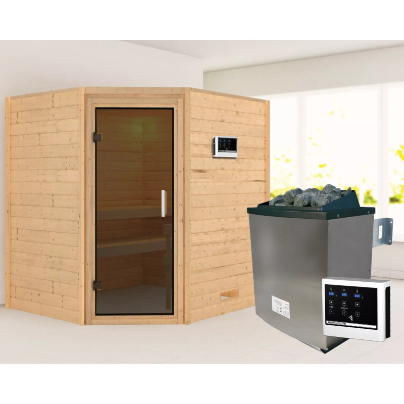 Sauna traditionnel d’angle Mia Plug &Play - 4 places 38mm - poêle 9KW ctrl externe - sans couronne - porte moderne Woodfeeling