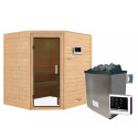 Sauna traditionnel d’angle Mia Plug &Play - 4 places 38mm - poêle 9KW ctrl externe - sans couronne - porte moderne Woodfeeling