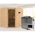 Sauna traditionnel d’angle Mia Plug &Play - 4 places 38mm - poêle Easy Bio 9000W - sans couronne - porte moderne Woodfeeling