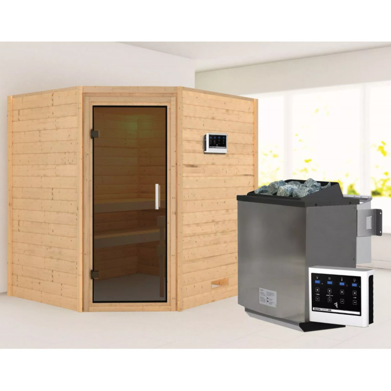Sauna traditionnel d’angle Mia Plug &Play - 4 places 38mm - poêle Easy Bio 9000W - sans couronne - porte moderne Woodfeeling