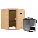 Sauna traditionnel d’angle Mia Plug &Play - 4 places 38mm - poêle Easy Bio 9000W - sans couronne - porte moderne Woodfeeling