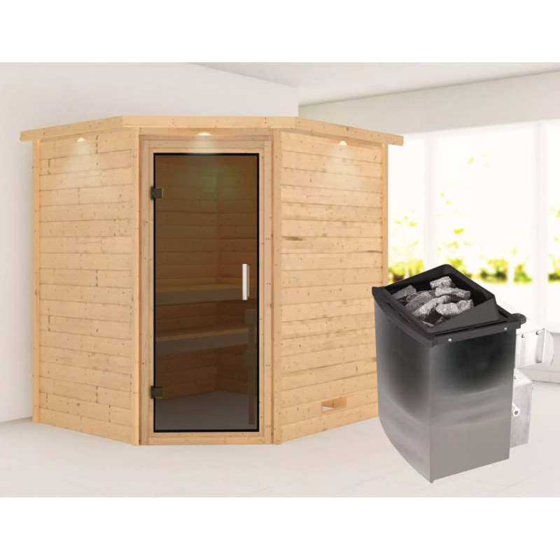 Sauna traditionnel d’angle Mia Plug &Play - 4 places 38mm - poêle 9KW ctrl intégré - couronne - porte moderne Woodfeeling