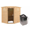 Sauna traditionnel d’angle Mia Plug &Play - 4 places 38mm - poêle 9KW ctrl intégré - couronne - porte moderne Woodfeeling
