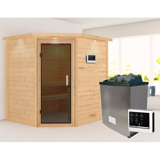 Sauna traditionnel d’angle Mia Plug &Play - 4 places 38mm - poêle 9KW ctrl externe - couronne - porte moderne Woodfeeling
