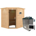 Sauna traditionnel d’angle Mia Plug &Play - 4 places 38mm - poêle 9KW ctrl externe - couronne - porte moderne Woodfeeling